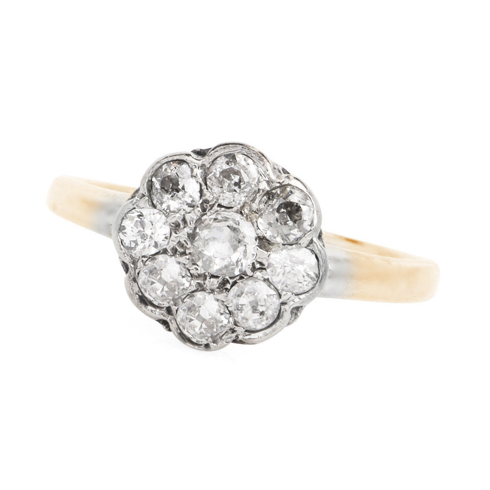 European Cut Floral Cluster Ring in Bicolor 14K White and Yellow Gold