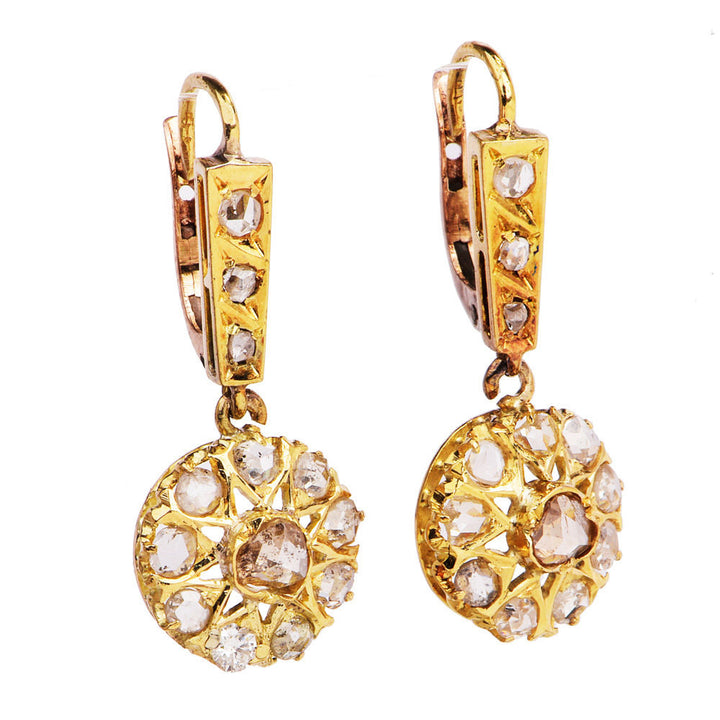 Estate 18K Yellow Gold and Rose Cut Diamond Starburst Drop Earrings