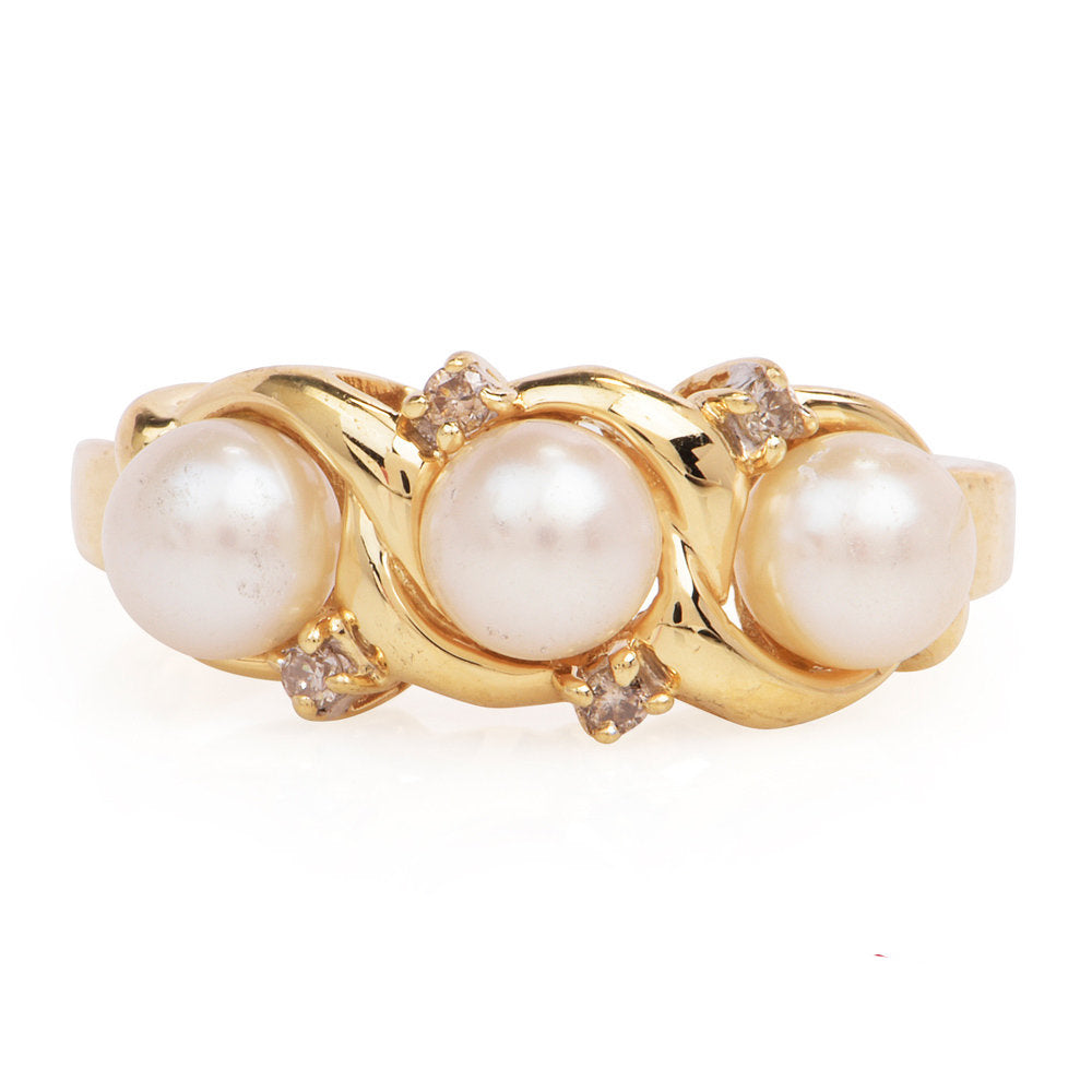 Vintage Three Pearl and Diamond Ring in 14K Yellow Gold