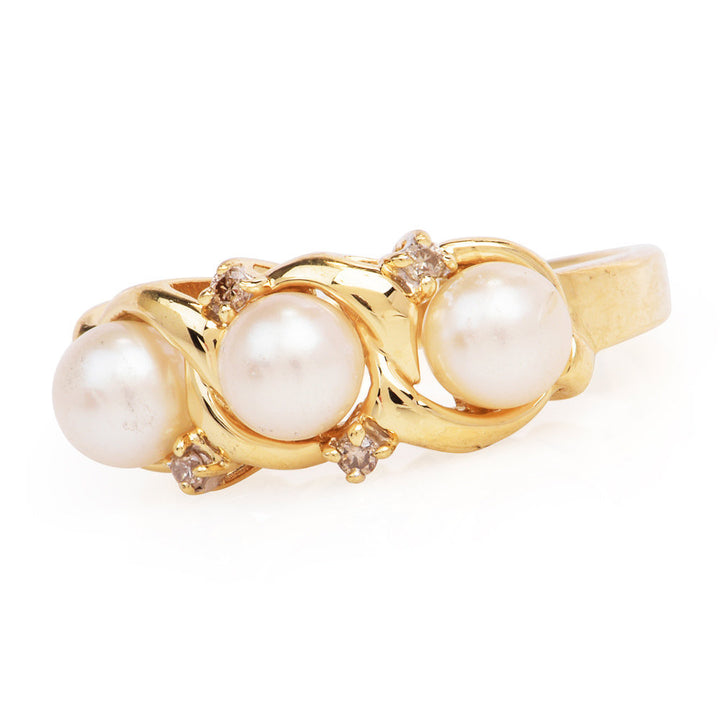 Vintage Three Pearl and Diamond Ring in 14K Yellow Gold