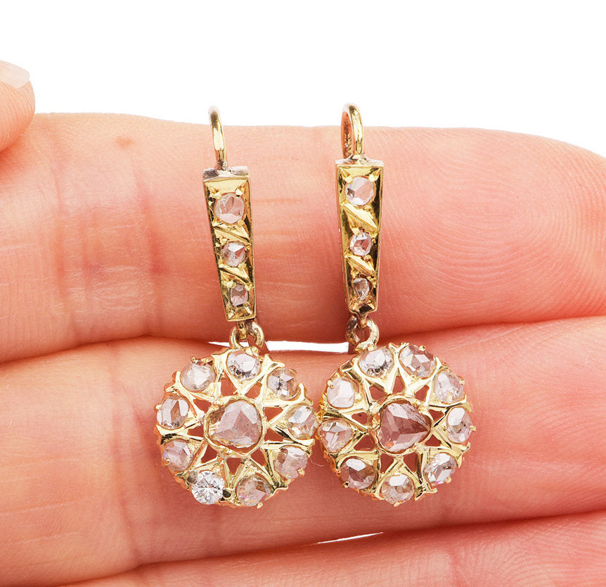 Estate 18K Yellow Gold and Rose Cut Diamond Starburst Drop Earrings