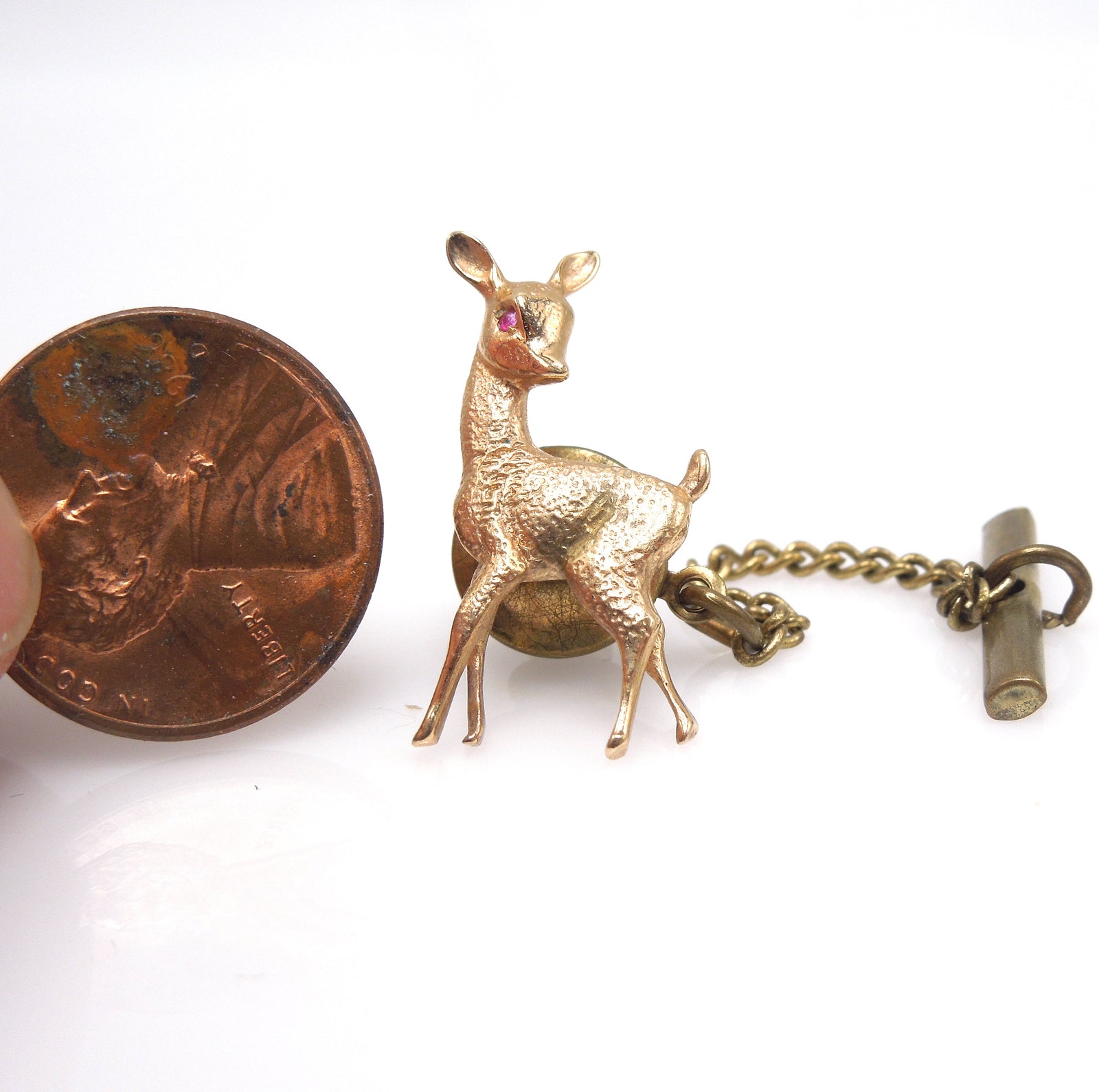 14K Yellow Gold Deer Pin with Ruby Eye