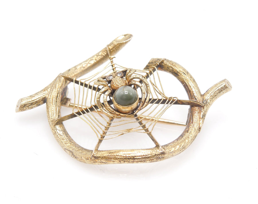 14K Yellow Gold and Cat&#39;s Eye Chrysoberyl Spider and Web on Wood Brooch Pin