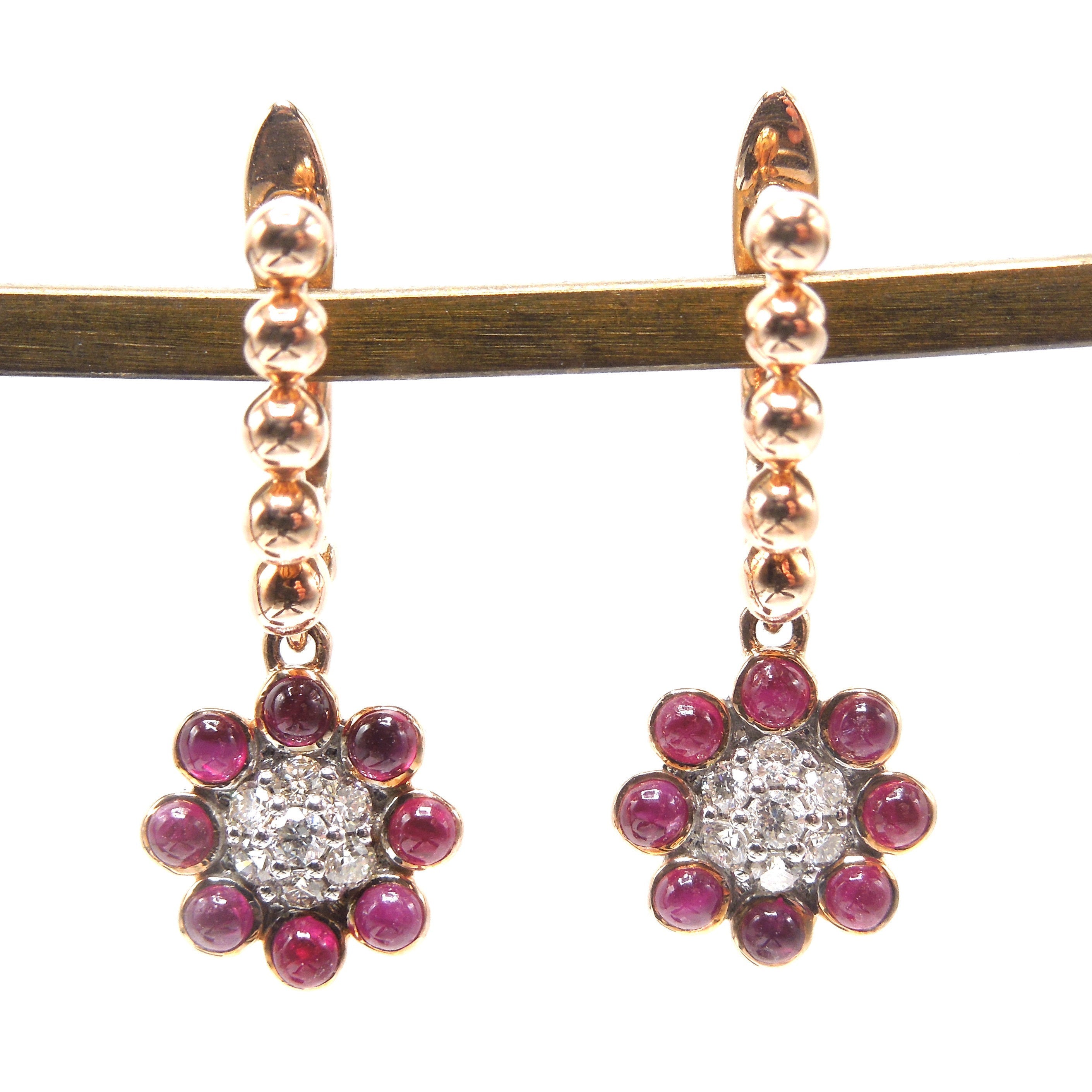 14K Rose Gold Diamond and Cabochon Ruby Flower Drop Earrings