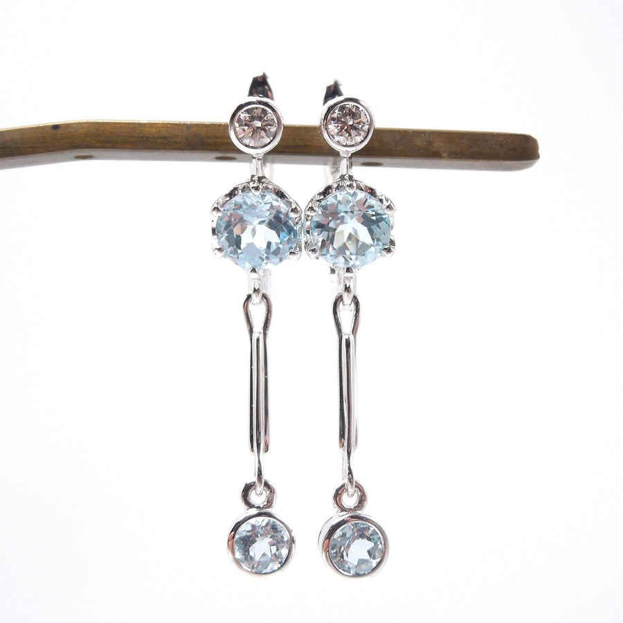 Estate Diamond and Blue Topaz Drop Earrings in White Gold