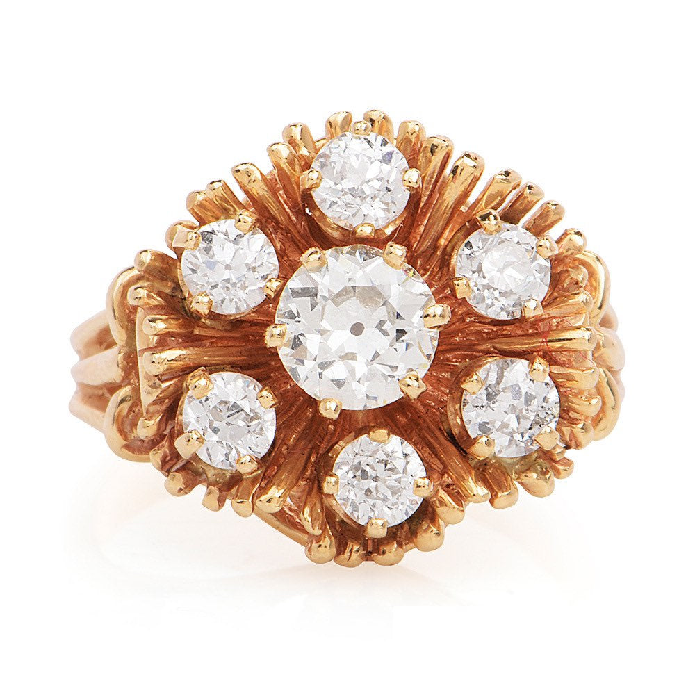 2.0ct European Cut Diamond Floral Cluster Ring in 14K Yellow Gold