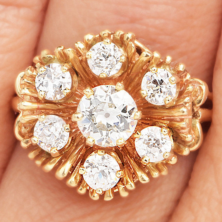 2.0ct European Cut Diamond Floral Cluster Ring in 14K Yellow Gold