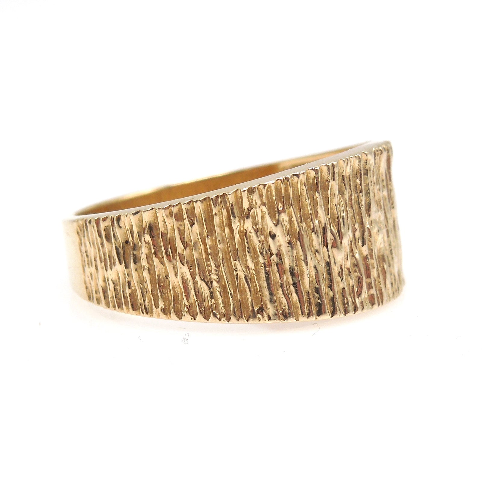 Midcentury Style Ridged Yellow Gold Tapered Wide Band