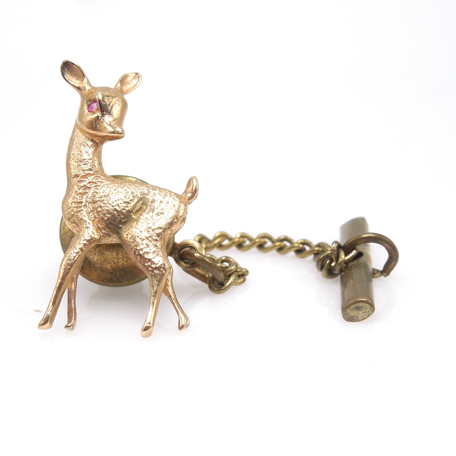 14K Yellow Gold Deer Pin with Ruby Eye