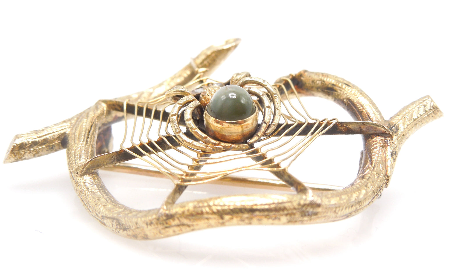 14K Yellow Gold and Cat's Eye Chrysoberyl Spider and Web on Wood Brooch Pin