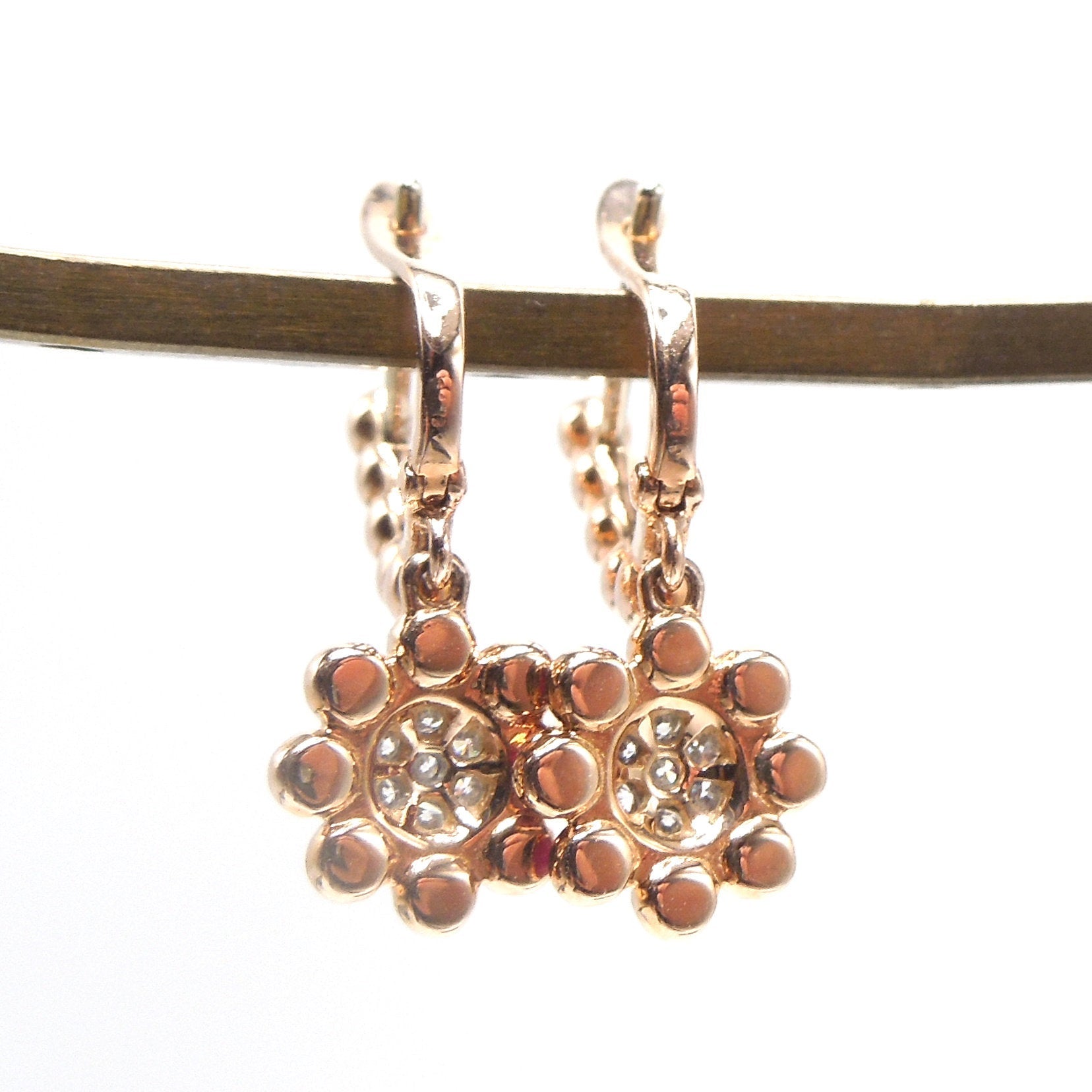 14K Rose Gold Diamond and Cabochon Ruby Flower Drop Earrings