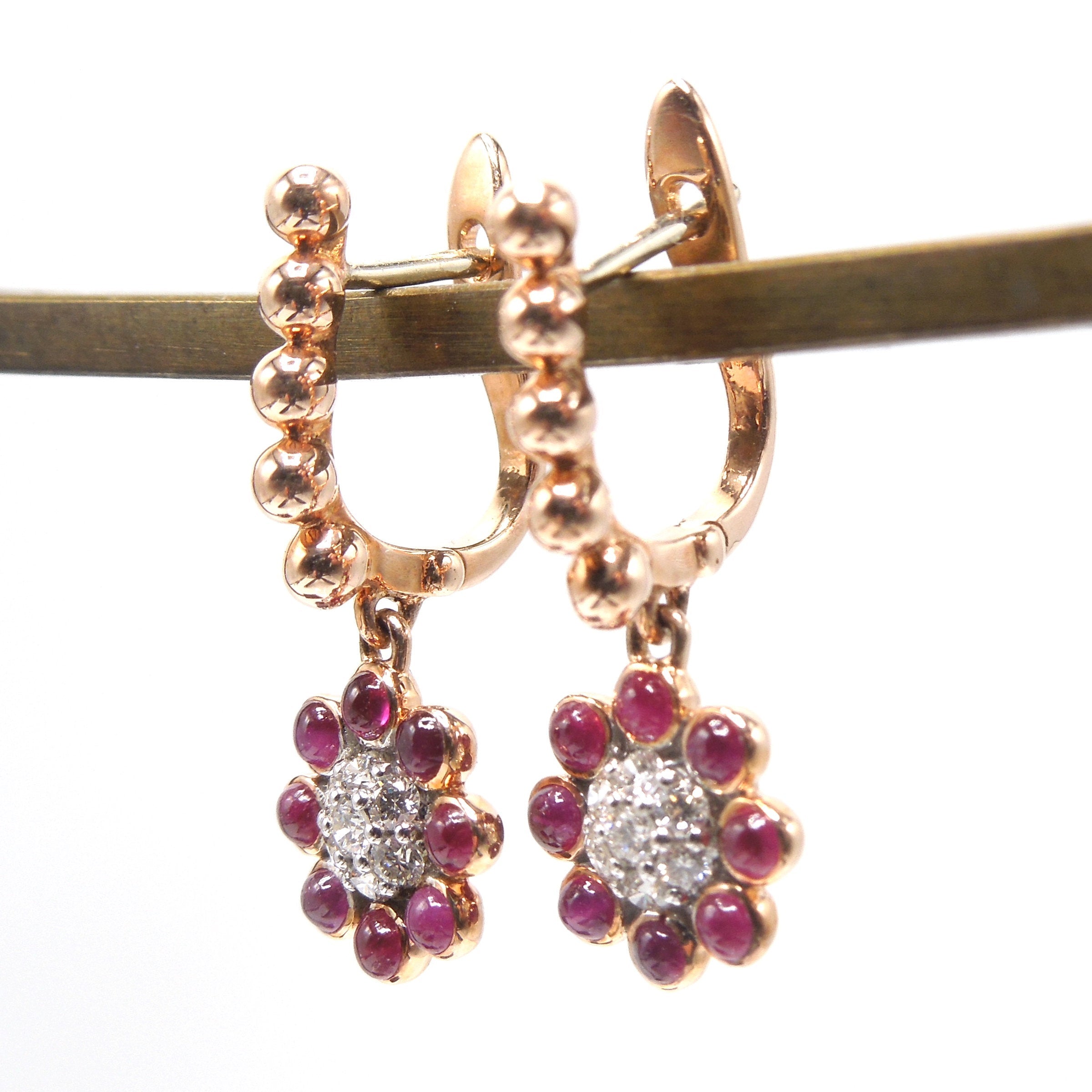 14K Rose Gold Diamond and Cabochon Ruby Flower Drop Earrings