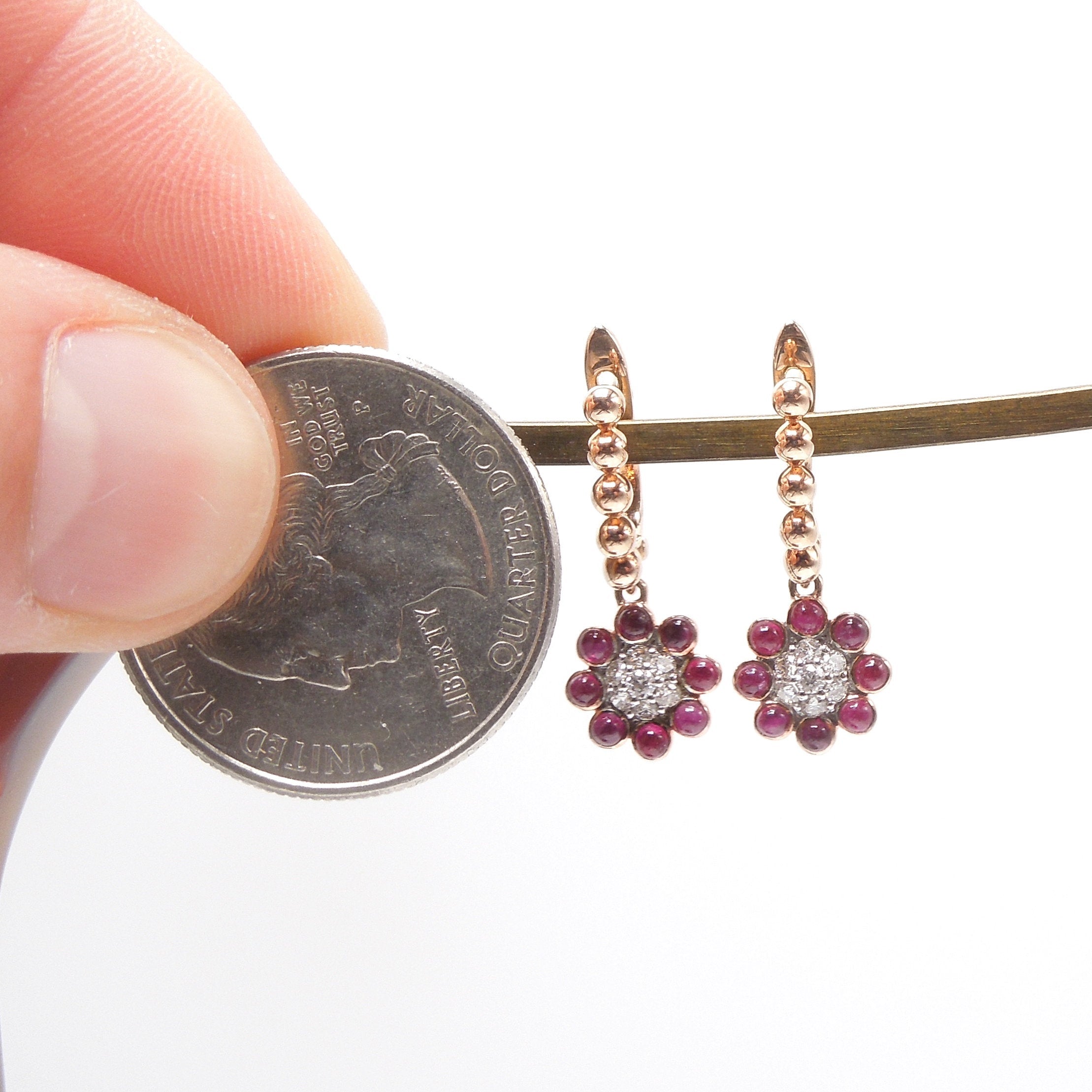 14K Rose Gold Diamond and Cabochon Ruby Flower Drop Earrings