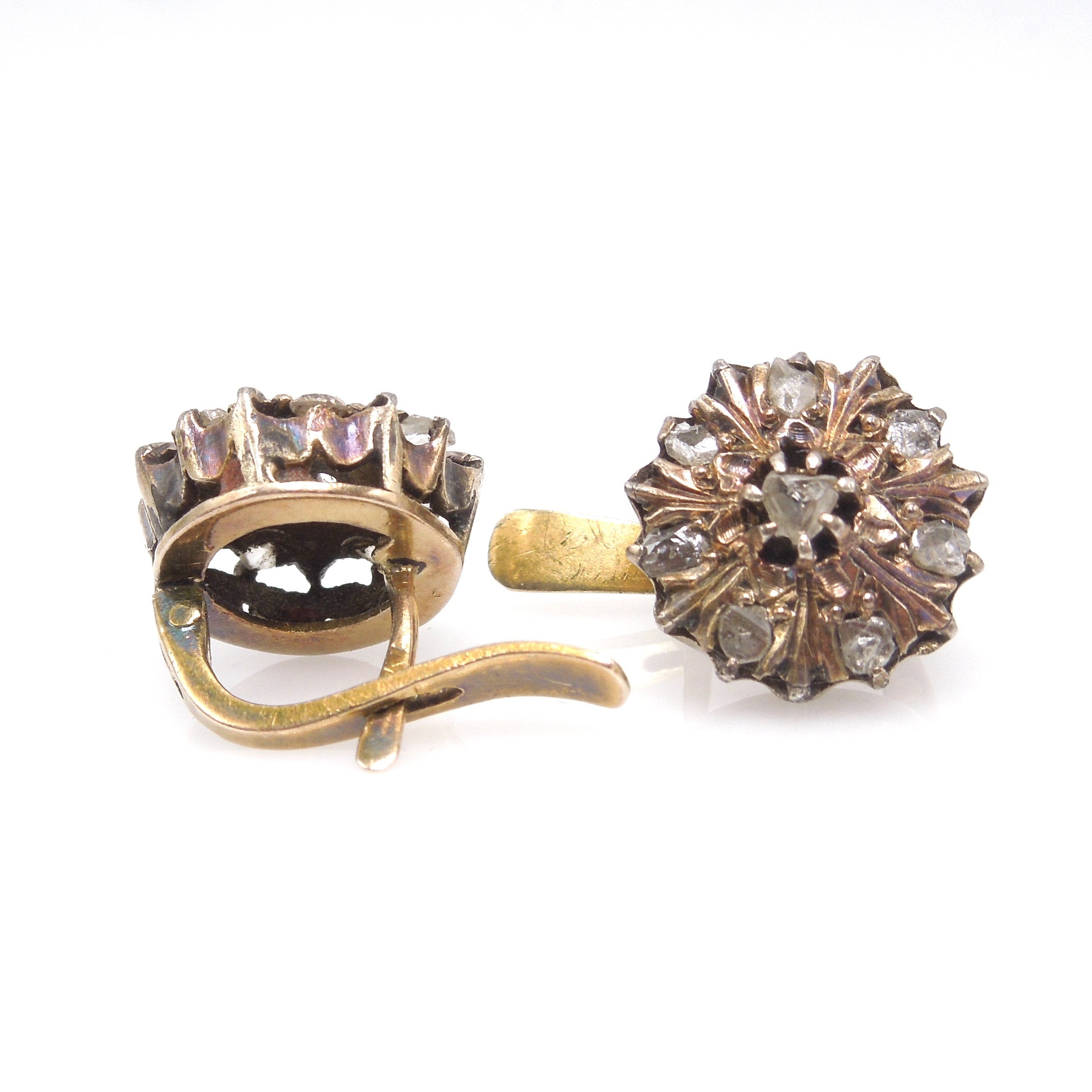 Victorian Yellow Gold and Rose Cut Diamond French Back Stud Earrings
