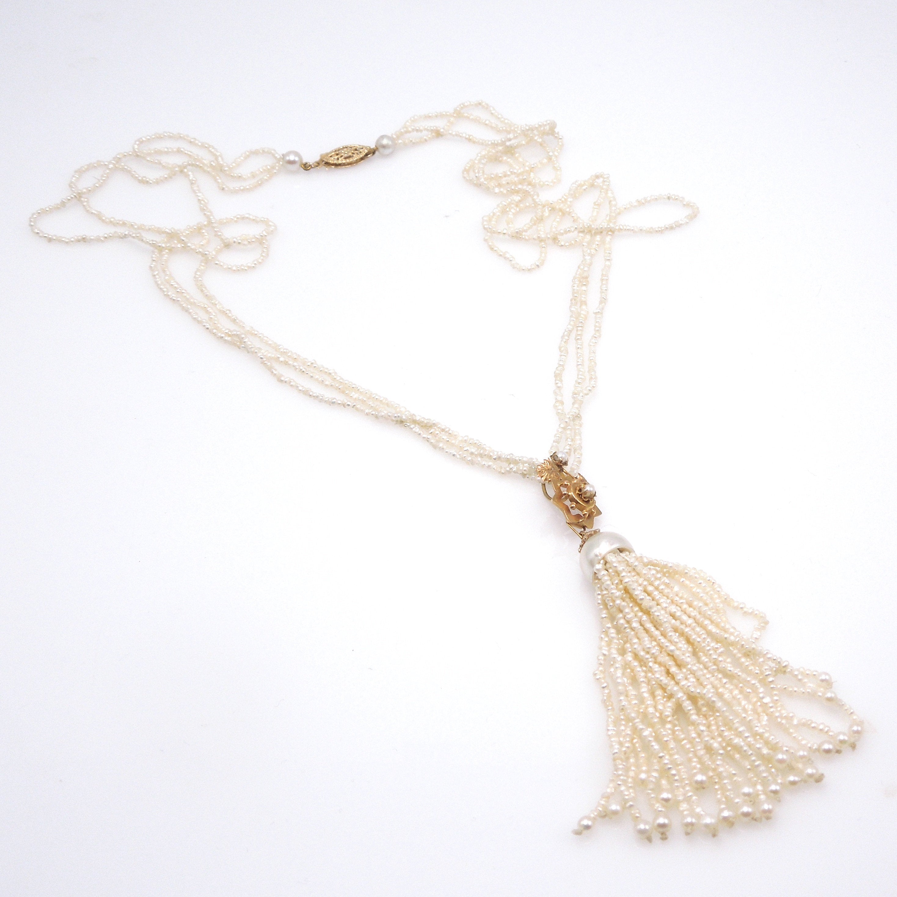 18K Yellow Gold and Pearl Tassle Necklace and Earring Set