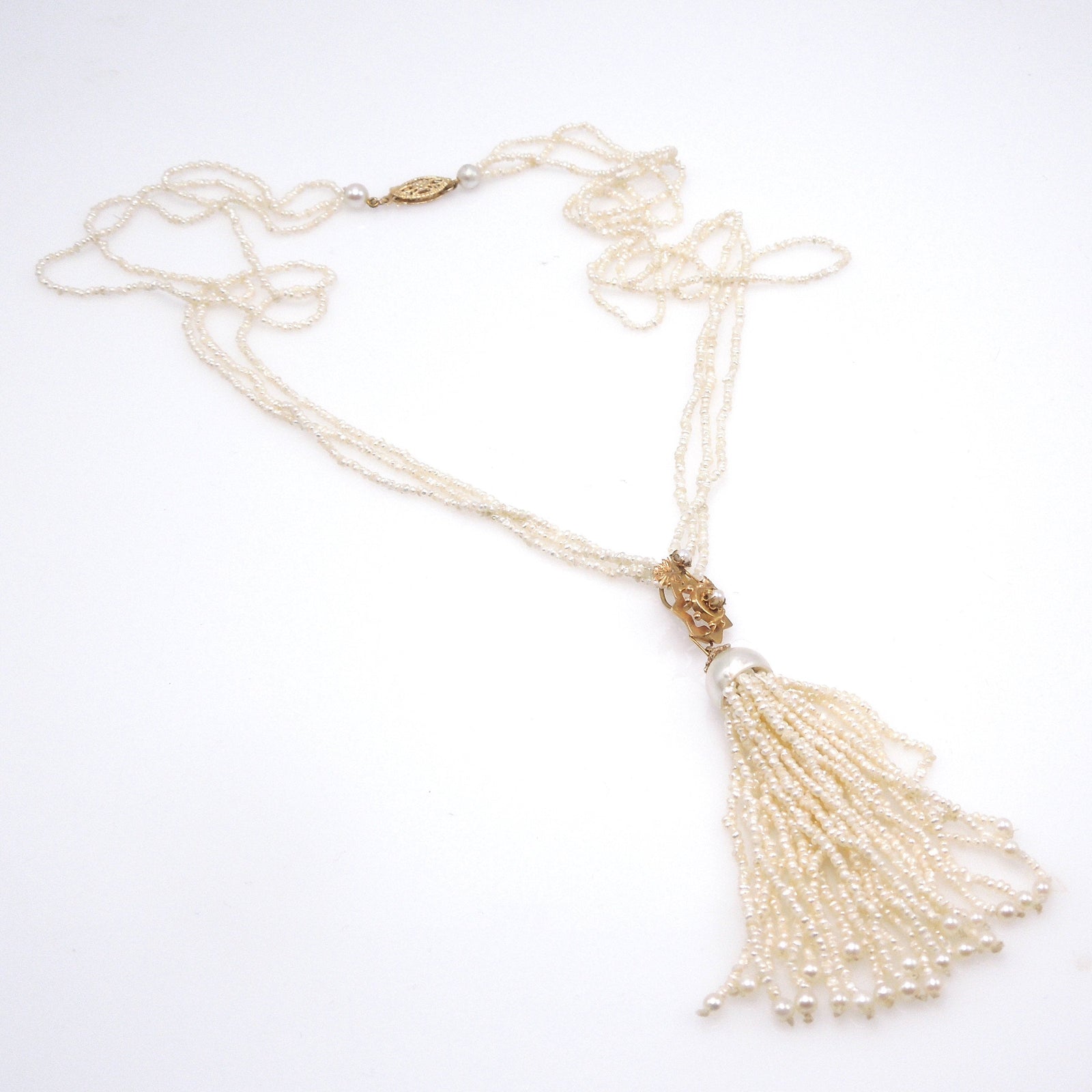 18K Yellow Gold and Pearl Tassle Necklace and Earring Set
