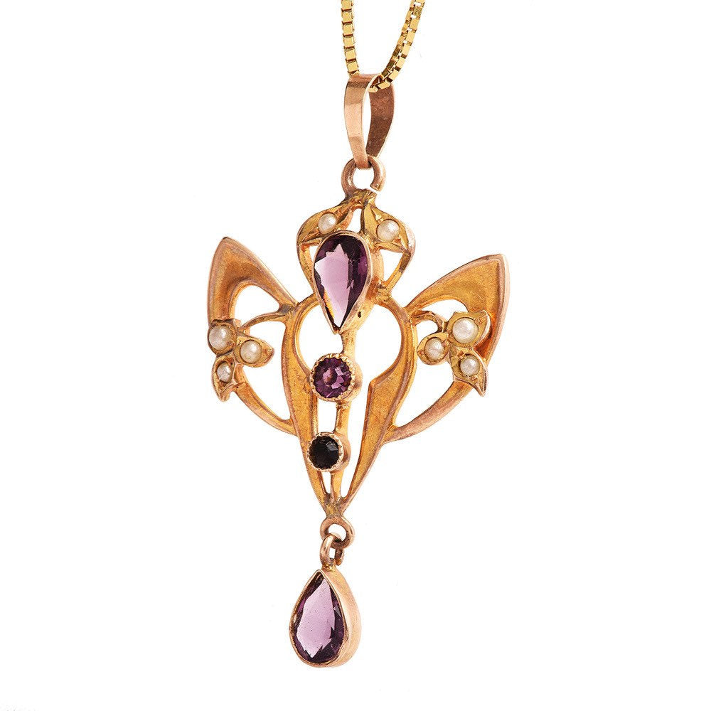 Vintage Amethyst and Seed Pearl 10K Gold Floral Pendant