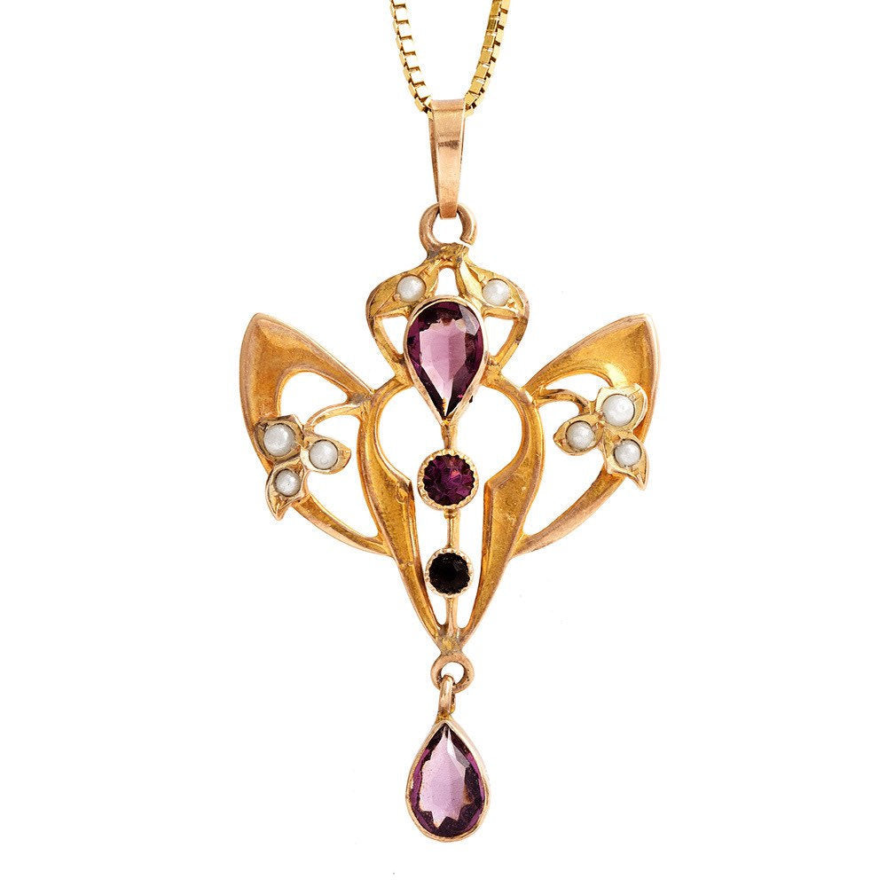 Vintage Amethyst and Seed Pearl 10K Gold Floral Pendant