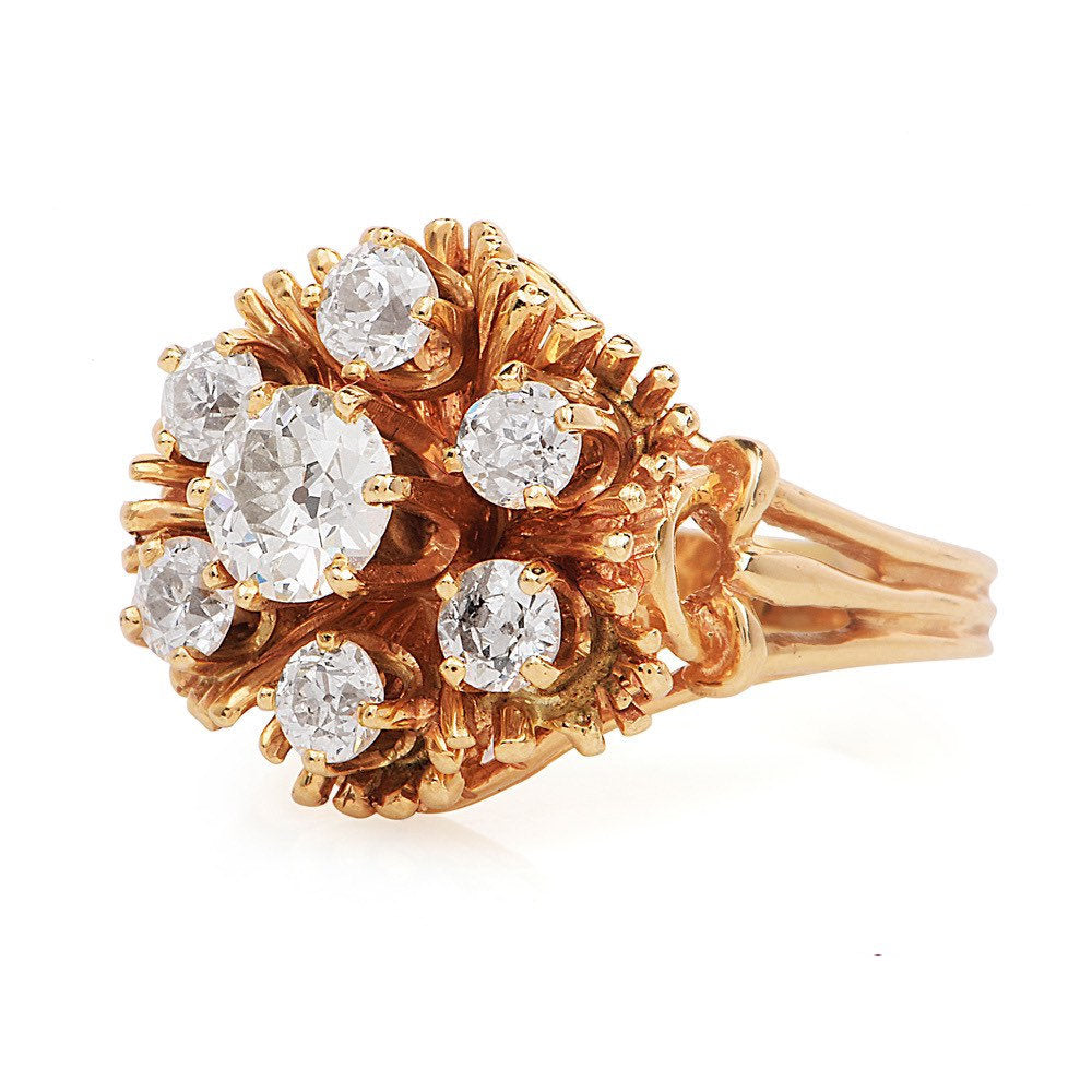 2.0ct European Cut Diamond Floral Cluster Ring in 14K Yellow Gold