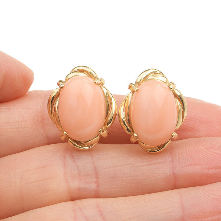 12.00ct Angel Skin Coral and Yellow Gold Lever Back Earrings