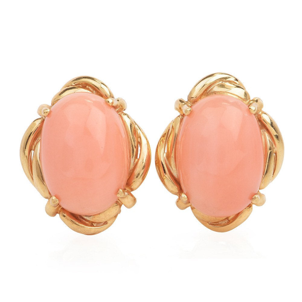 12.00ct Angel Skin Coral and Yellow Gold Lever Back Earrings