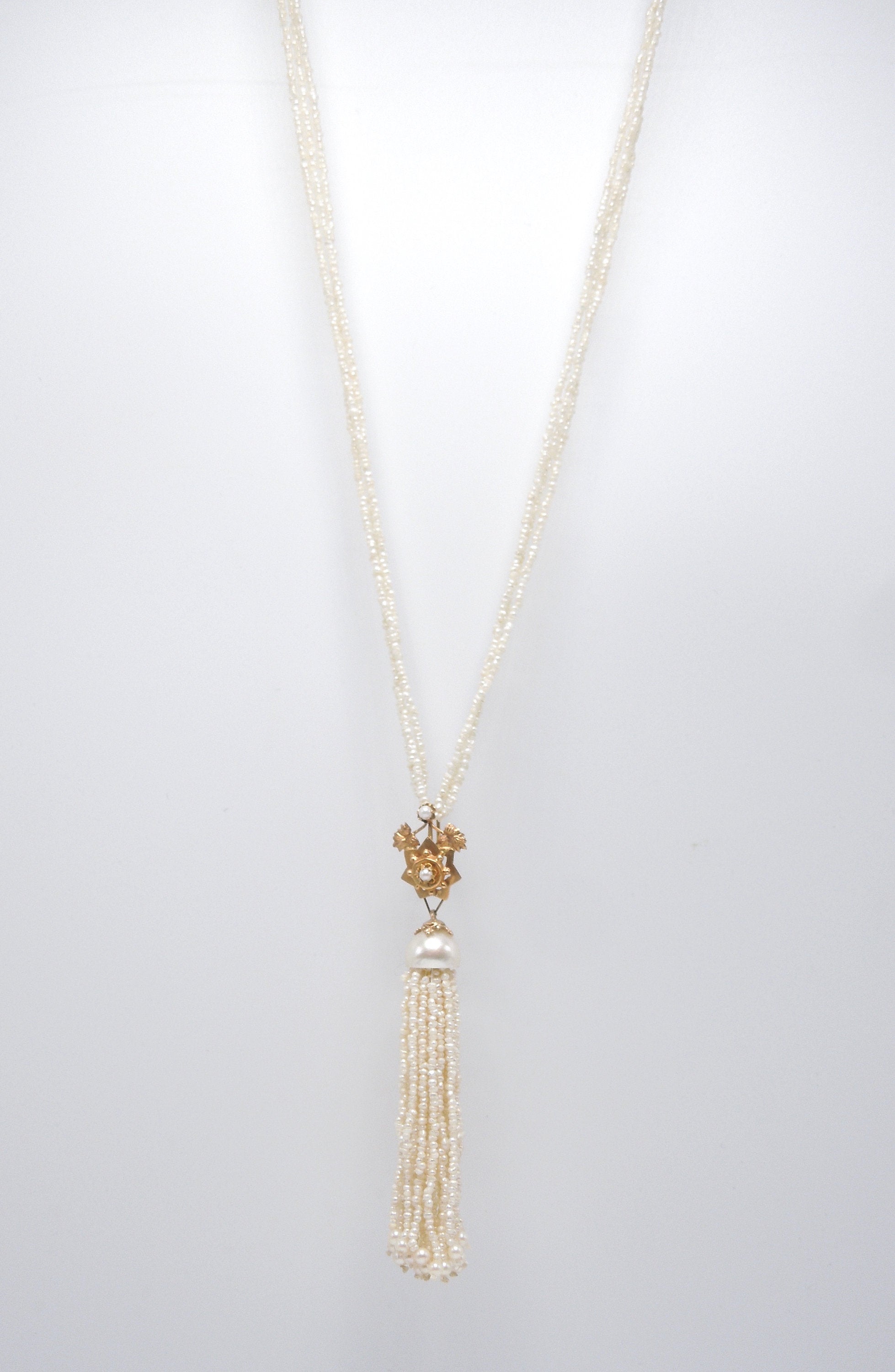 18K Yellow Gold and Pearl Tassle Necklace and Earring Set