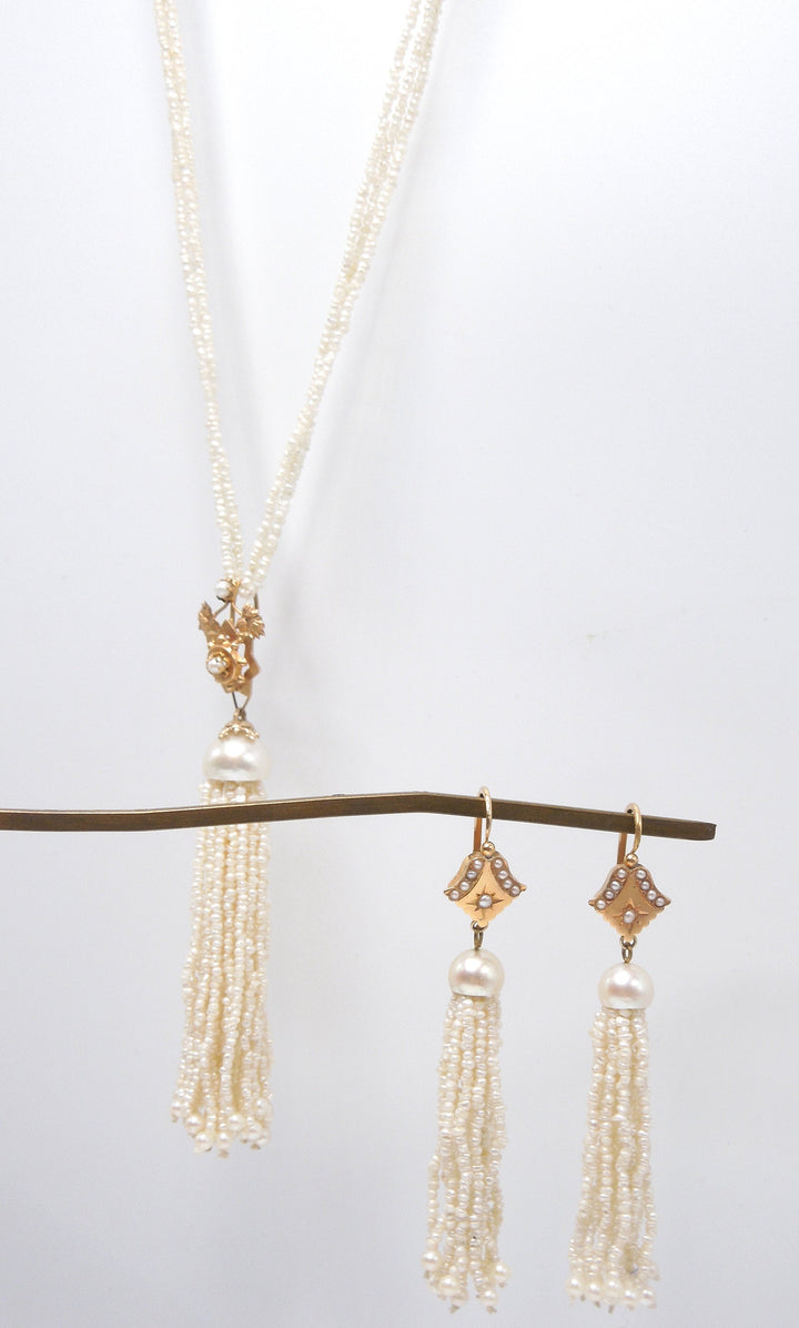 18K Yellow Gold and Pearl Tassle Necklace and Earring Set