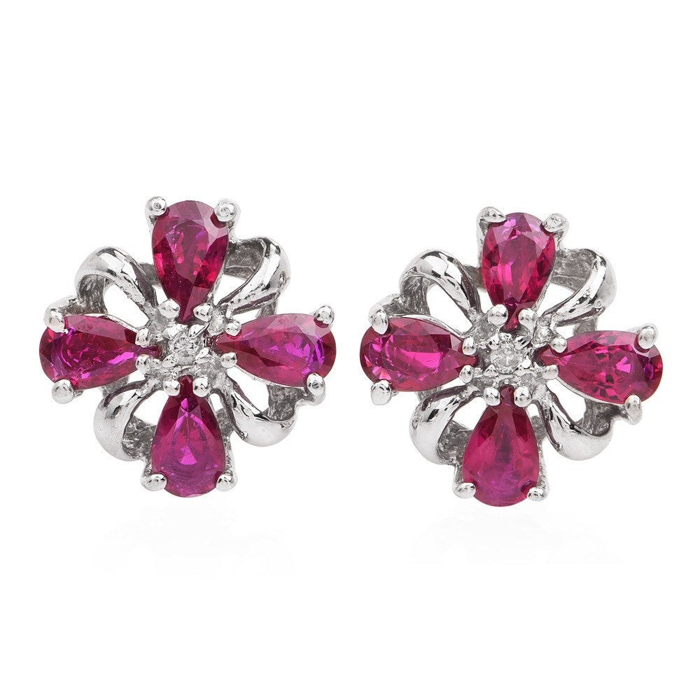 Diamond & Ruby 14K Gold Floral Motif Stud Earrings with Push Backs for Pierced Ears