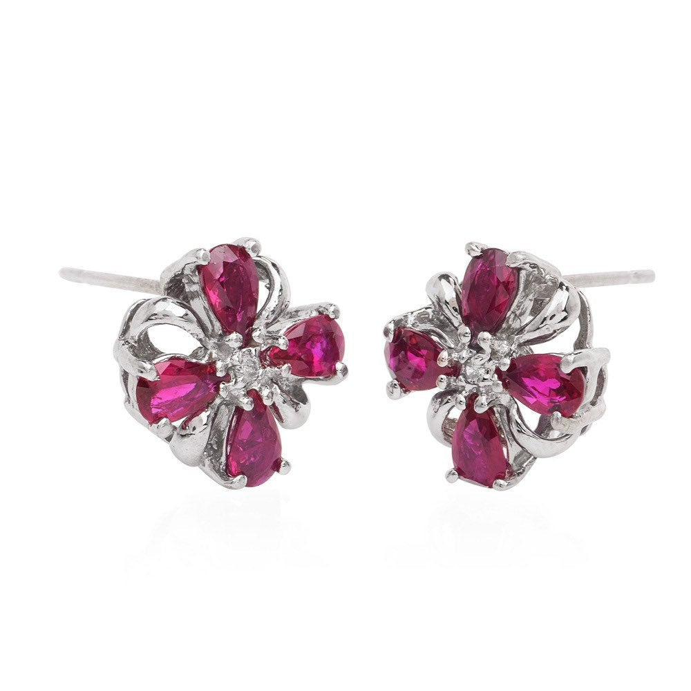 Diamond & Ruby 14K Gold Floral Motif Stud Earrings with Push Backs for Pierced Ears