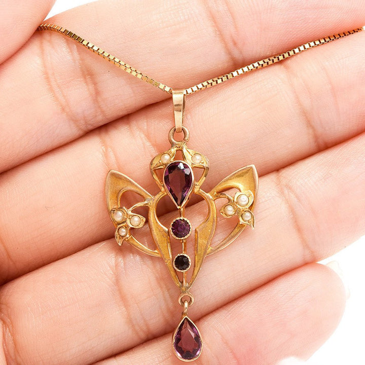 Vintage Amethyst and Seed Pearl 10K Gold Floral Pendant