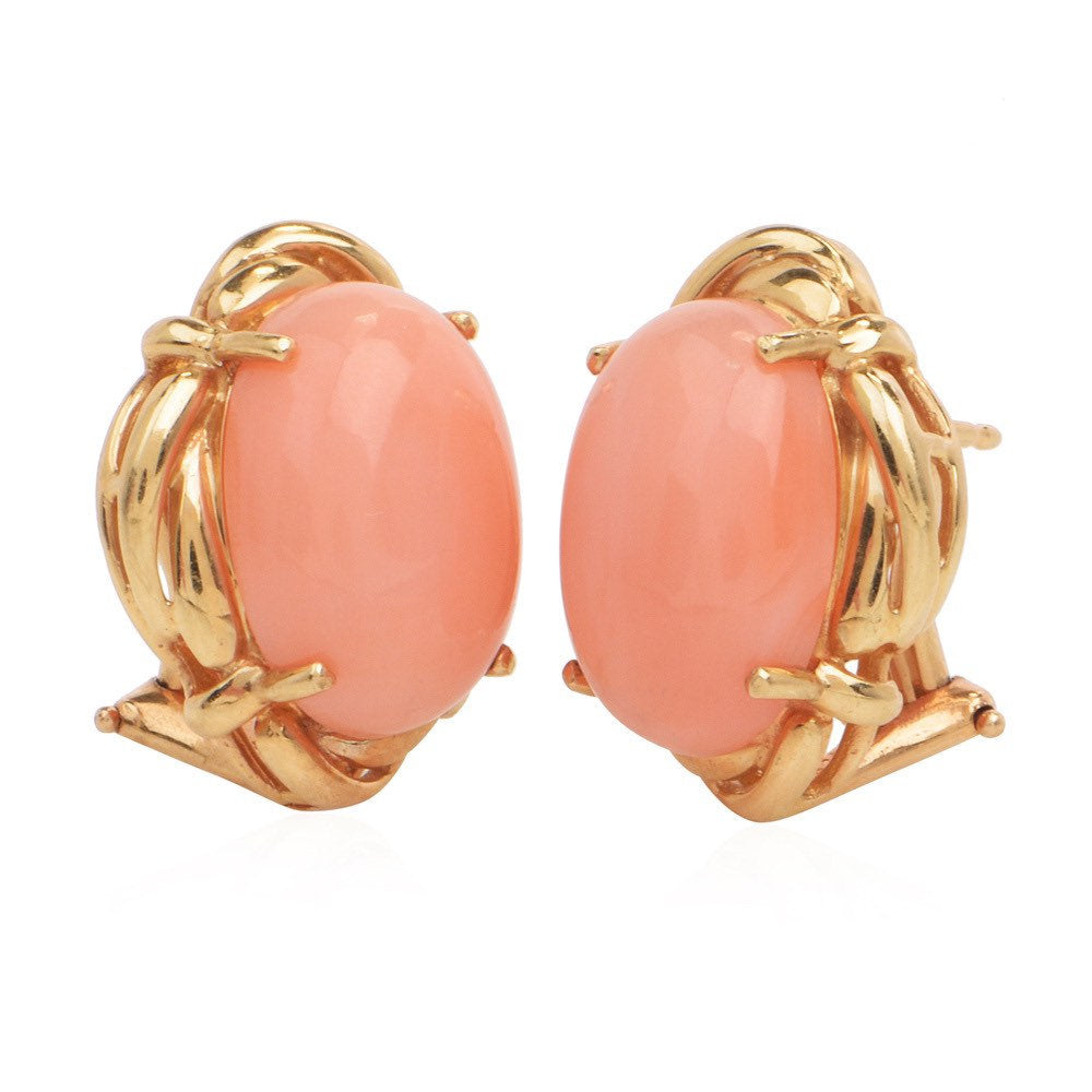 12.00ct Angel Skin Coral and Yellow Gold Lever Back Earrings