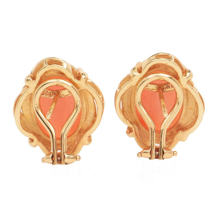 12.00ct Angel Skin Coral and Yellow Gold Lever Back Earrings