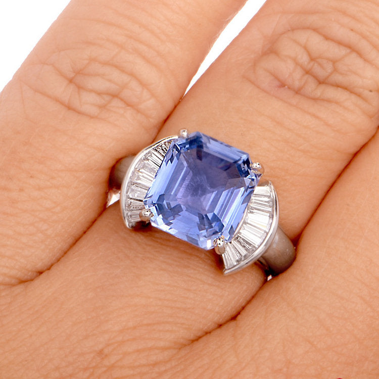 Natural Unheated 6.11ct Emerald Cut Blue Sapphire and Baguette Diamond Ring in Platinum