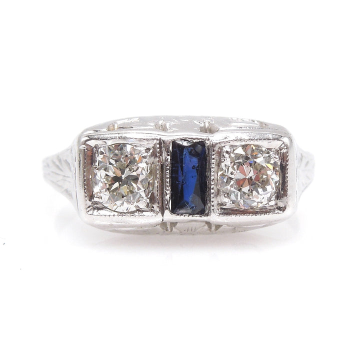 Art Deco White Gold Two Diamond and Sapphire Engagement Ring