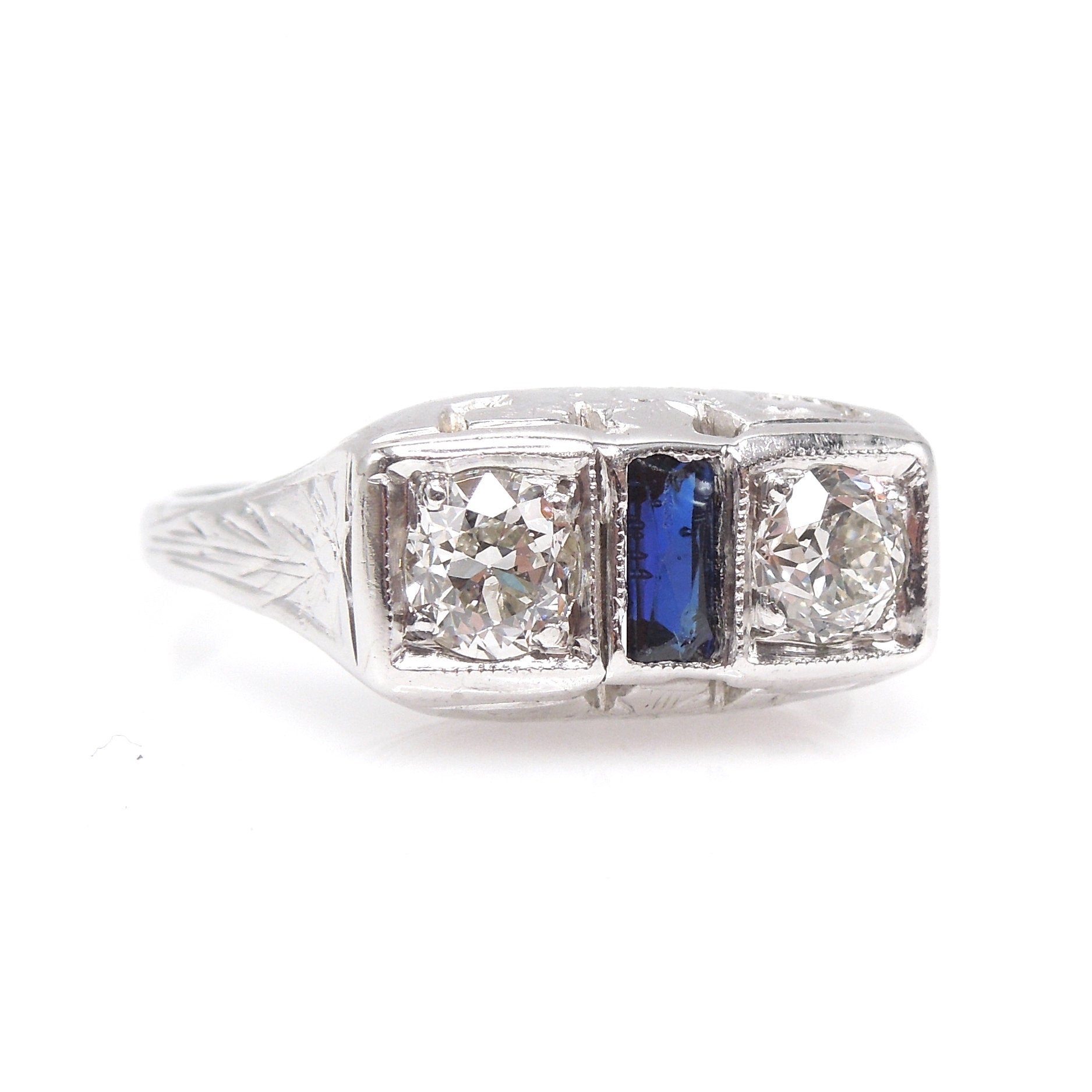 Art Deco White Gold Two Diamond and Sapphire Engagement Ring
