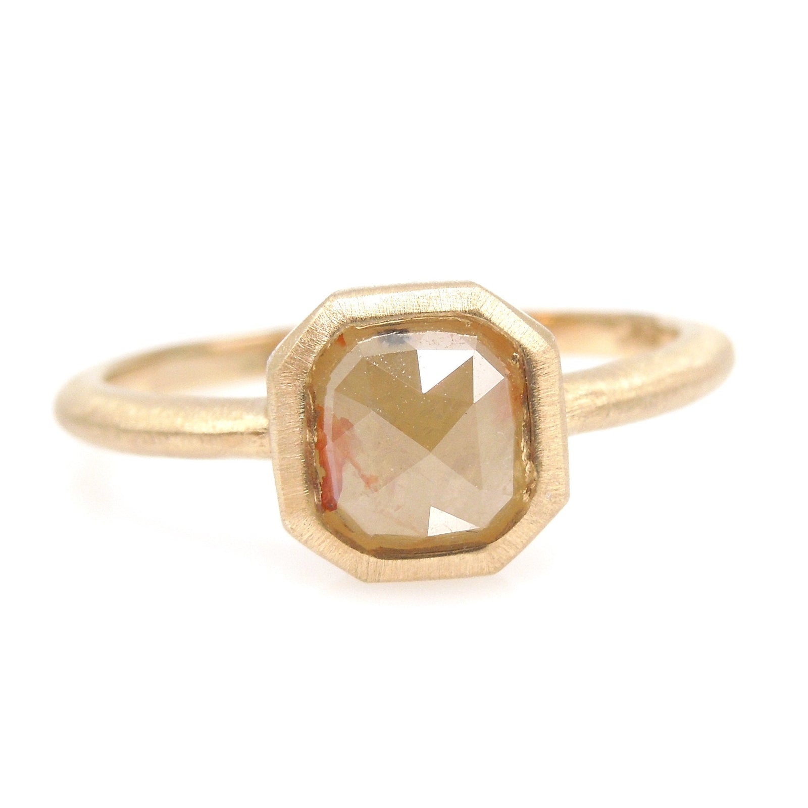 1.46ct Orangish Yellow Radiant Cut Rose Cut Diamond in Brushed 14K Yellow Gold