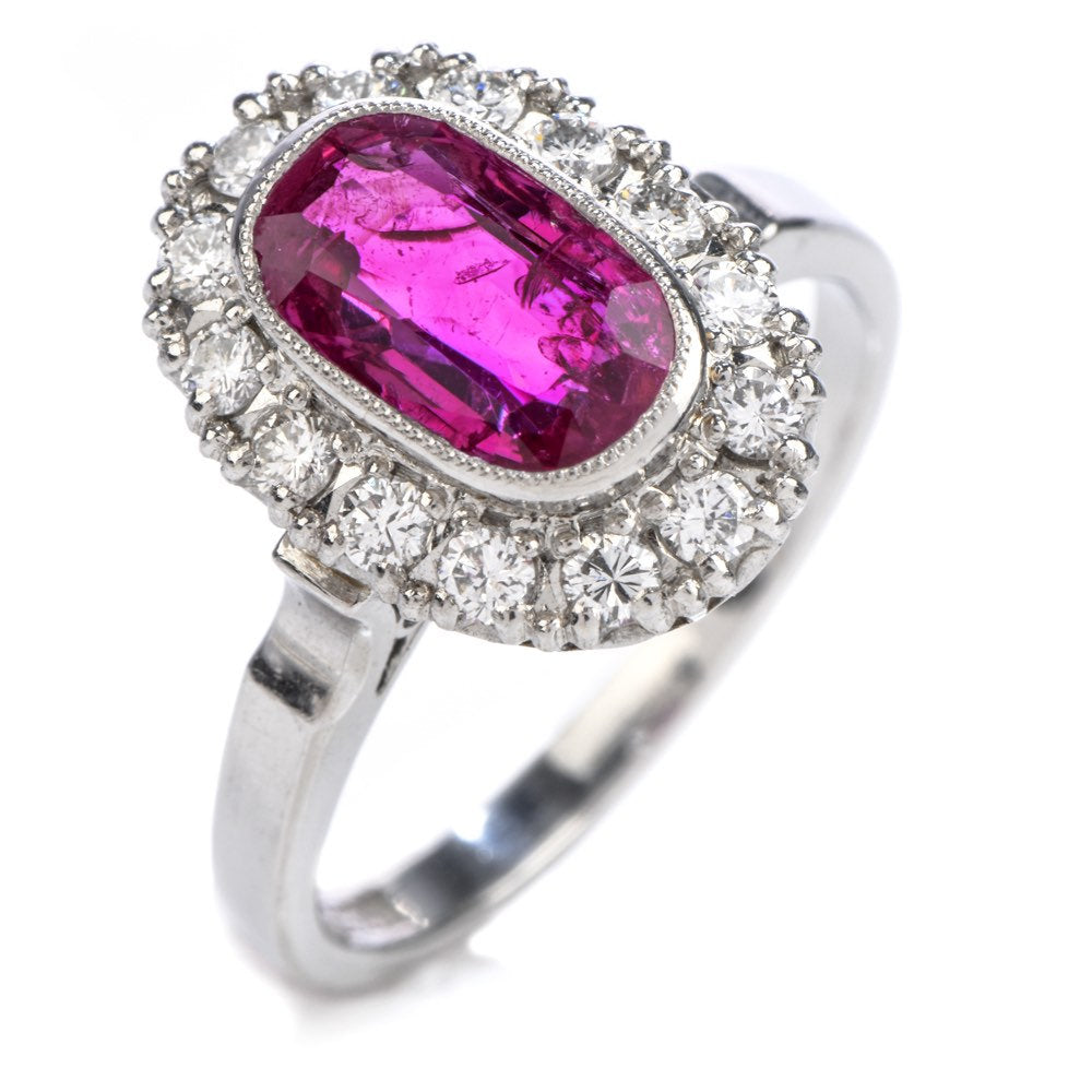 GIA Certified Unheated Oval Ruby & Diamond Platinum Halo Cocktail Ring