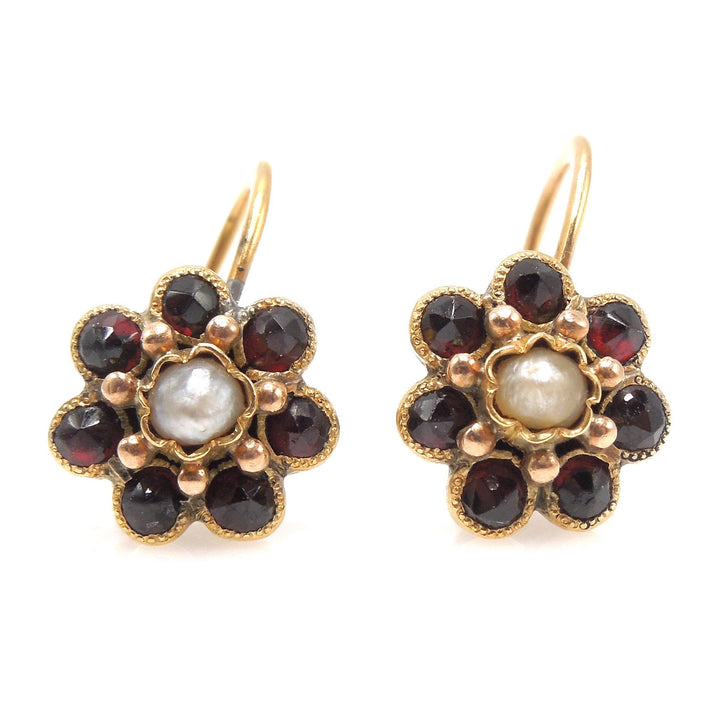 Victorian Style Garnet and Seed Pearl Flower Gold Fill Screwback Earrings