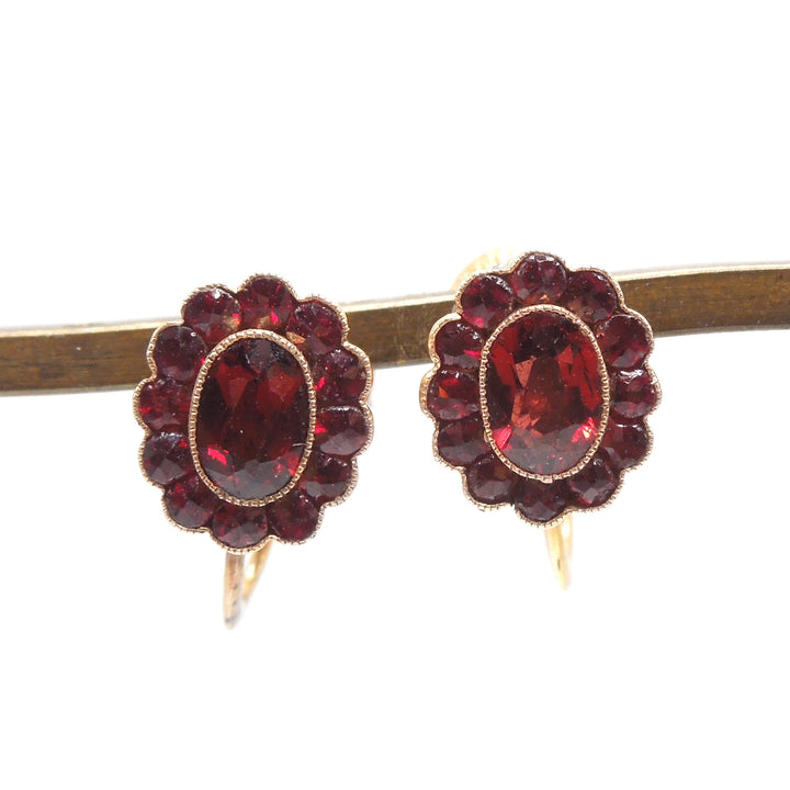 Victorian Style Bezel Set Garnet Halo Gold Fill Screwback Earrings