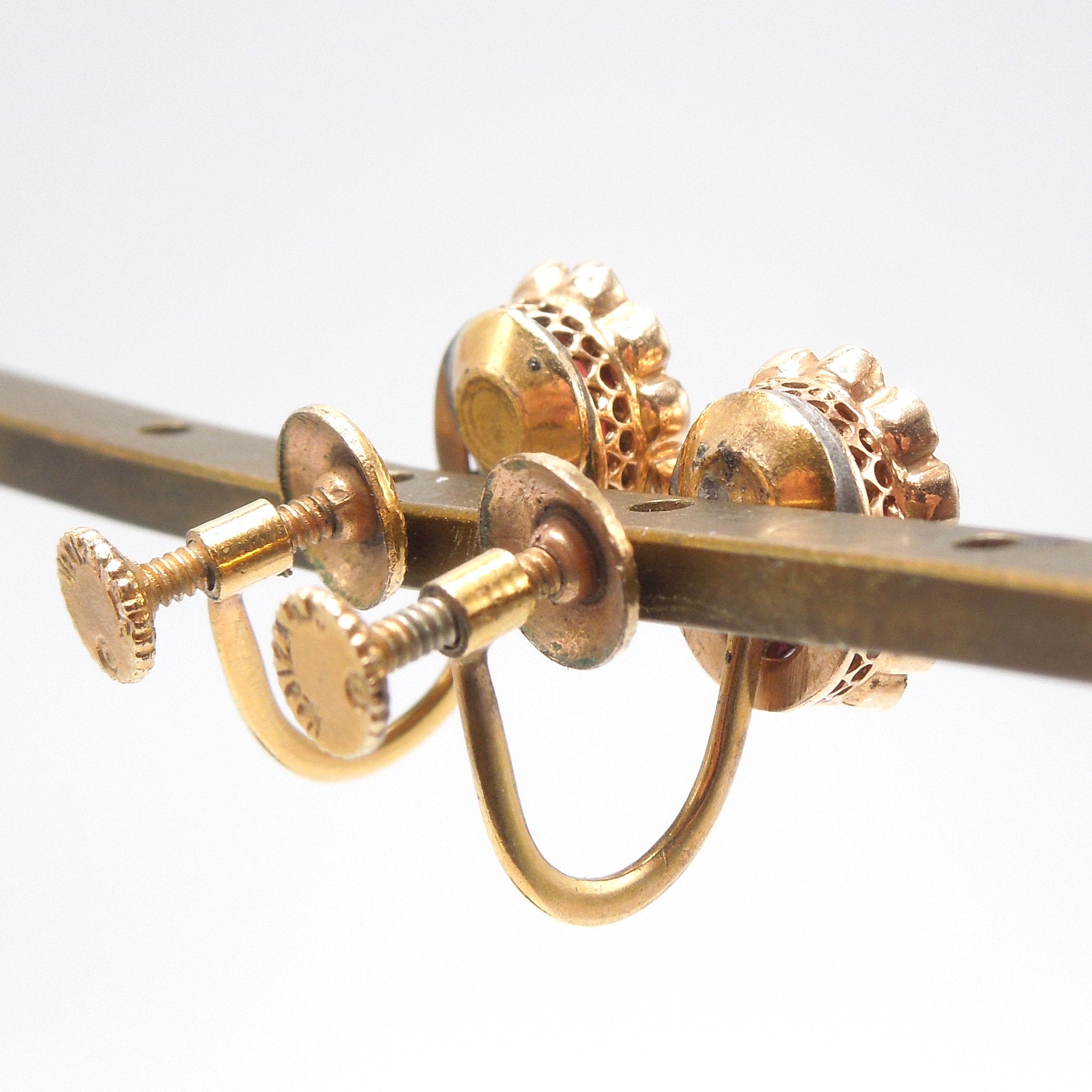 Victorian Style Bezel Set Garnet Halo Gold Fill Screwback Earrings