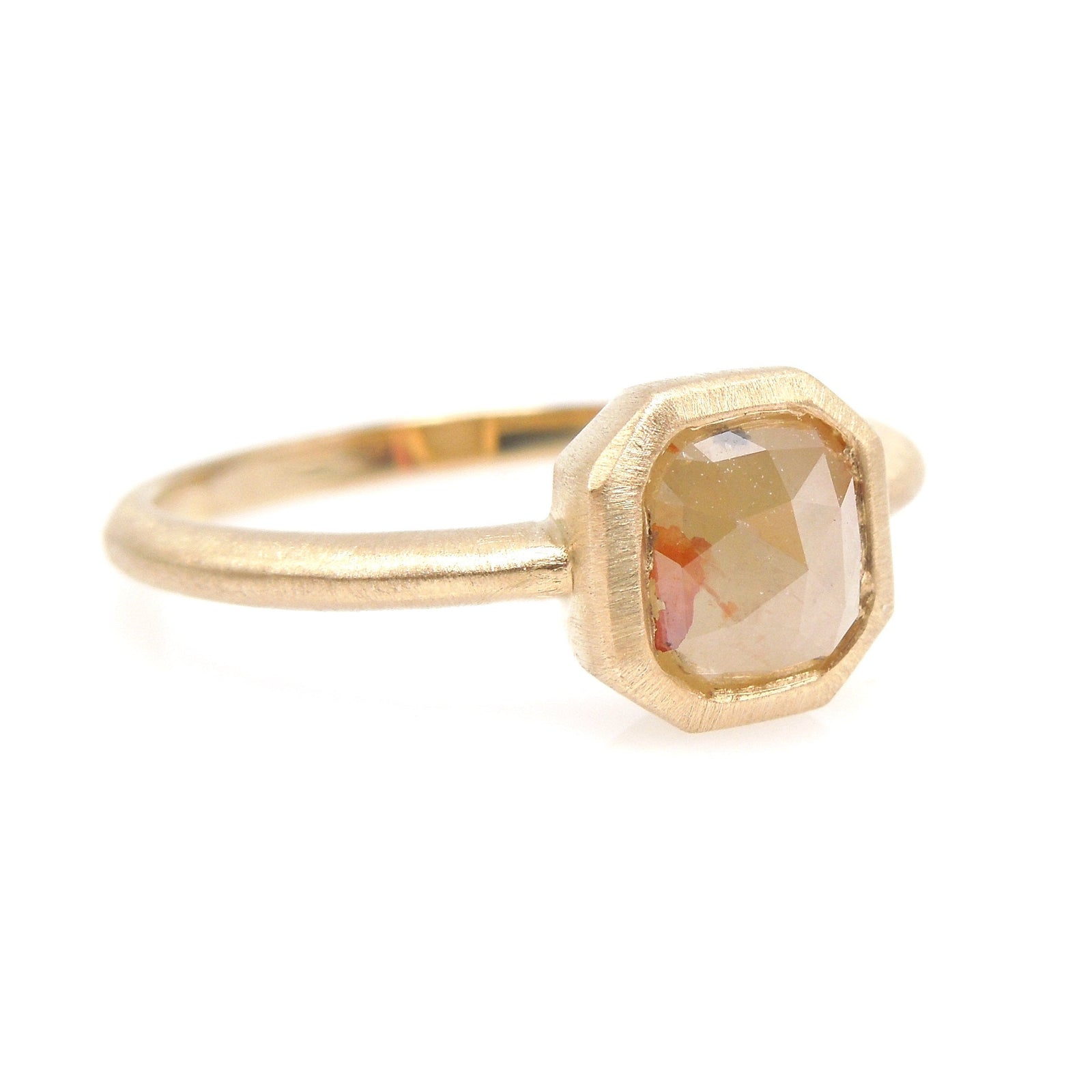 1.46ct Orangish Yellow Radiant Cut Rose Cut Diamond in Brushed 14K Yellow Gold