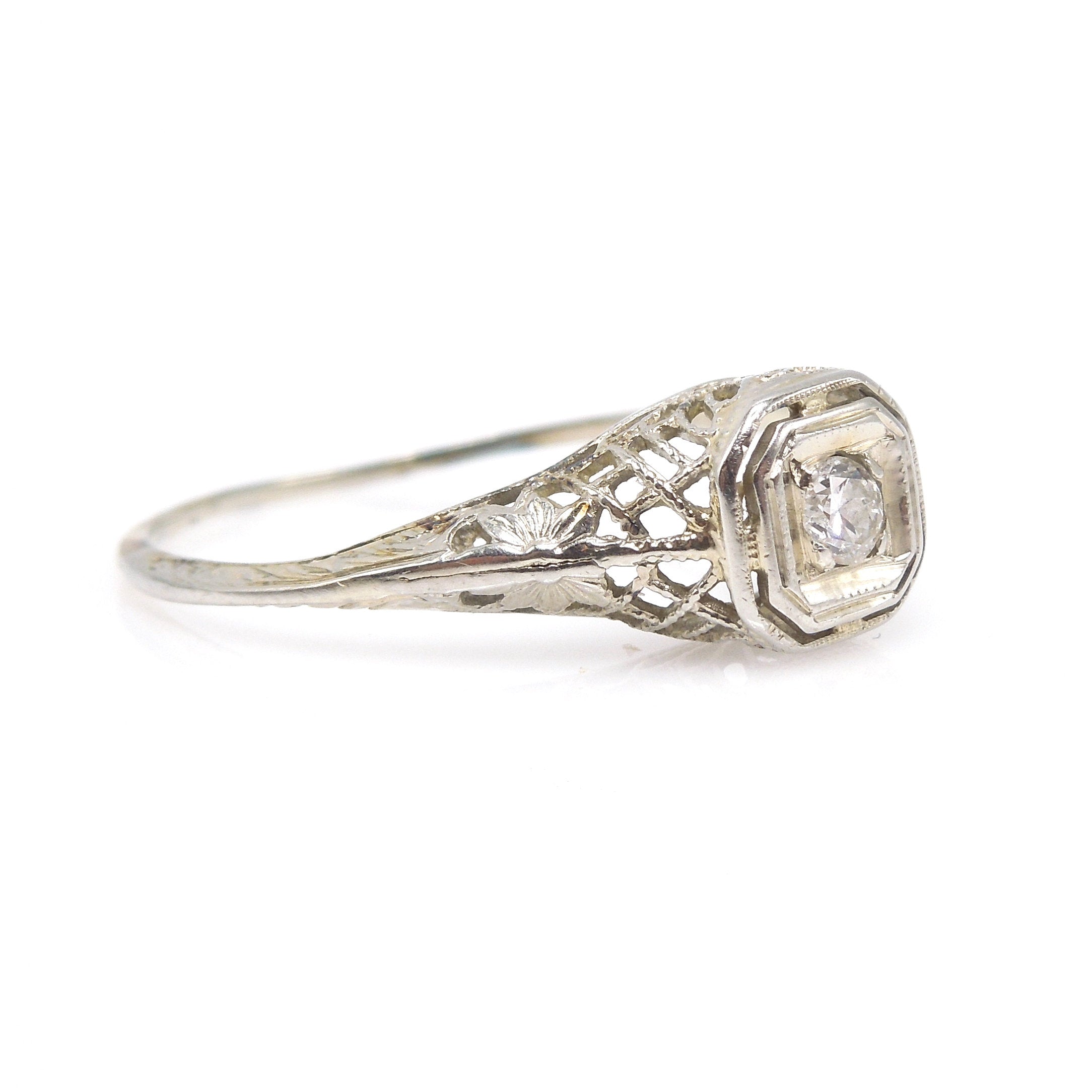 Petite Art Deco Diamond Ring in 14K White Gold with Filigree