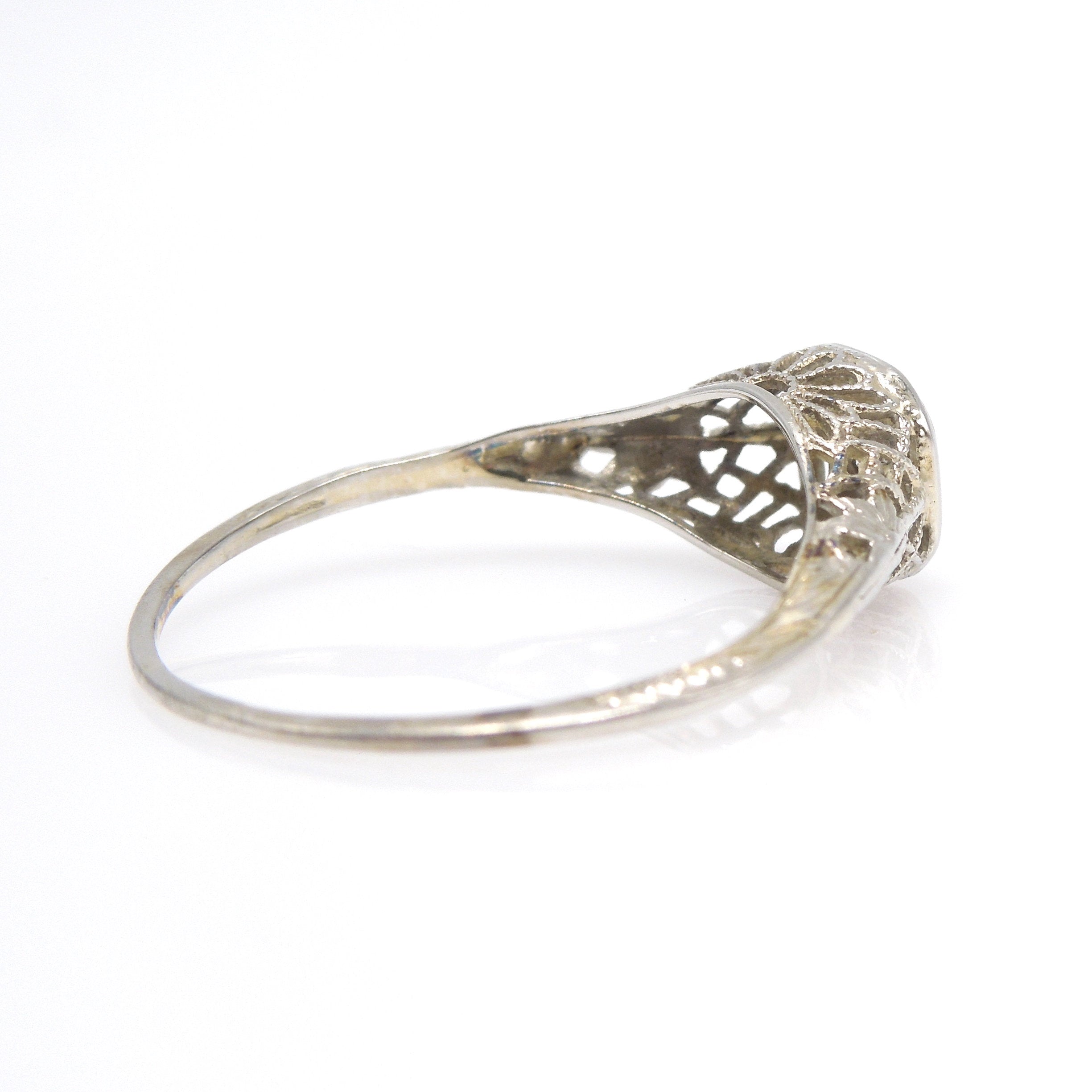 Petite Art Deco Diamond Ring in 14K White Gold with Filigree
