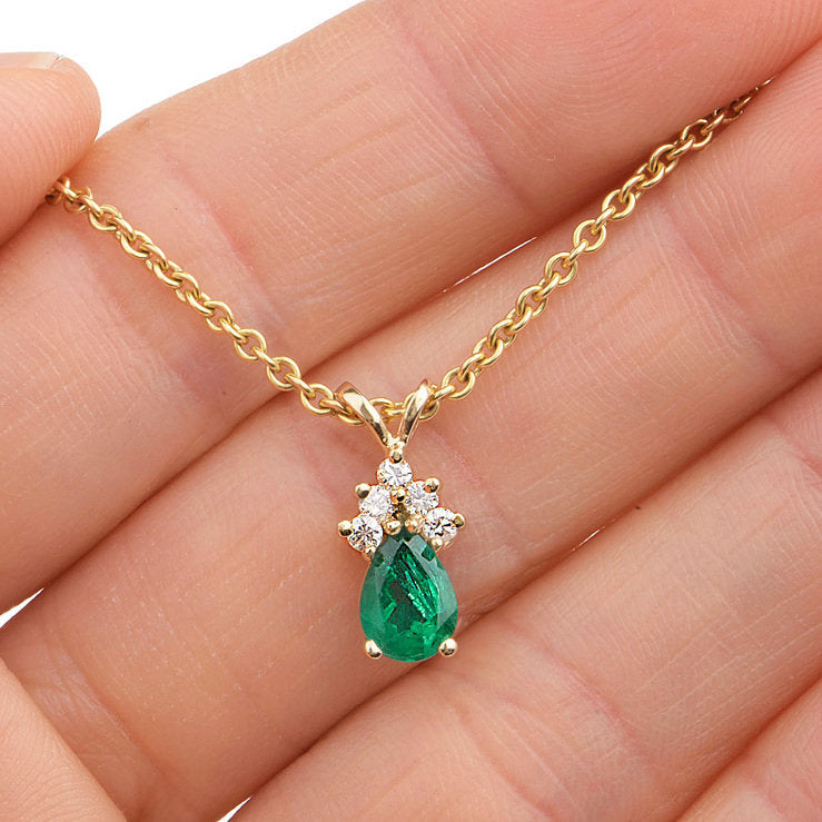 Dainty Estate Yellow Gold Diamond and Pear Shaped Emerald Pendant