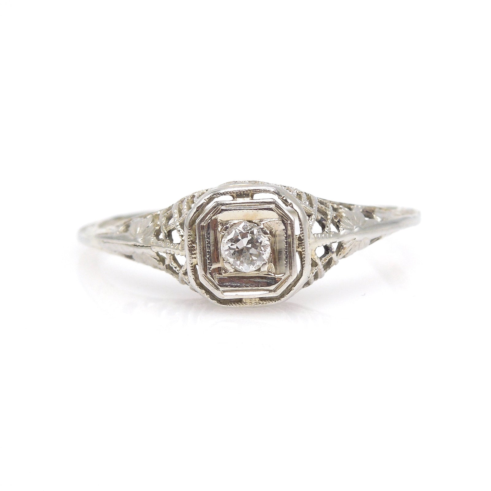 Petite Art Deco Diamond Ring in 14K White Gold with Filigree