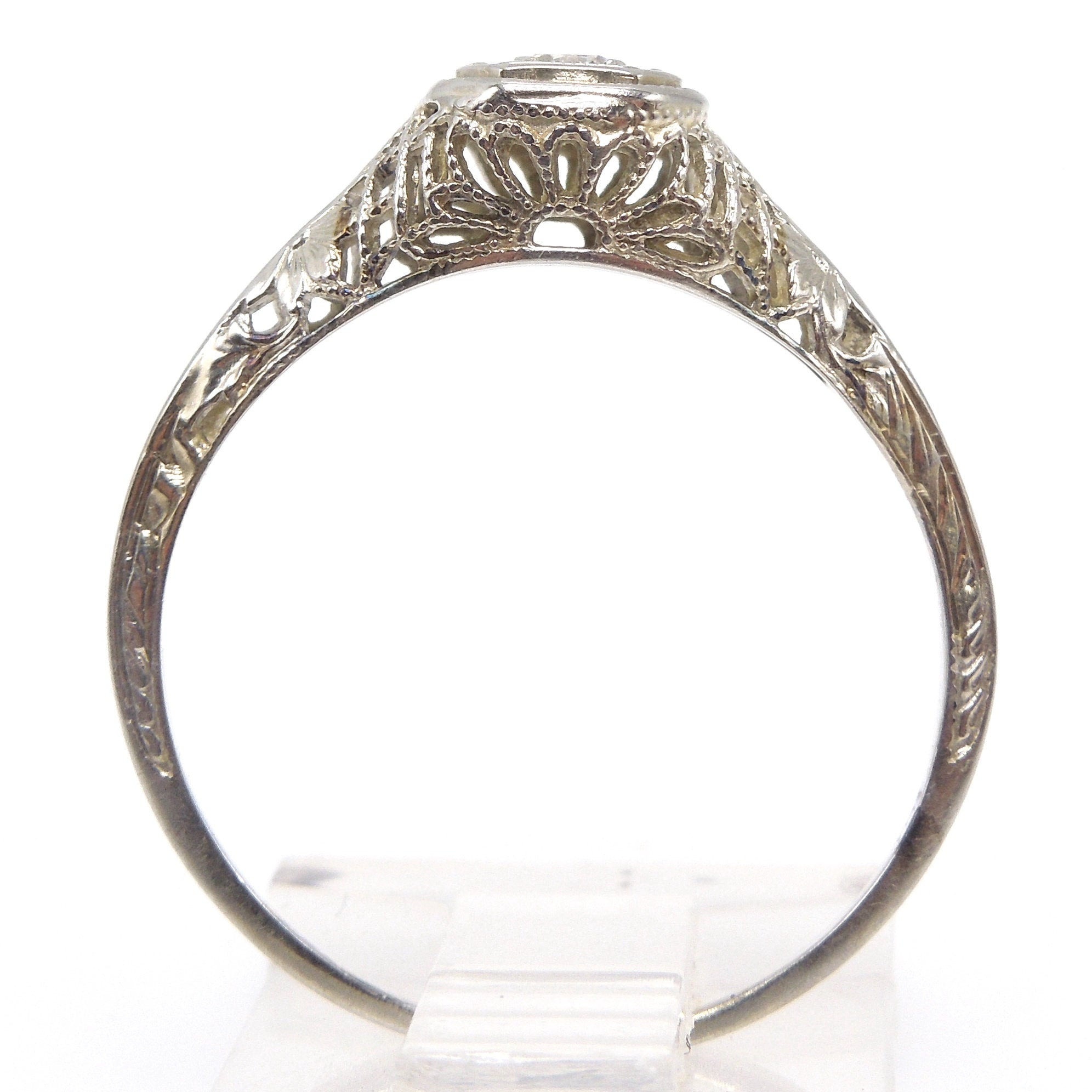 Petite Art Deco Diamond Ring in 14K White Gold with Filigree