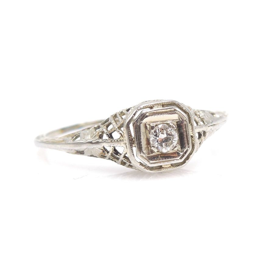Petite Art Deco Diamond Ring in 14K White Gold with Filigree