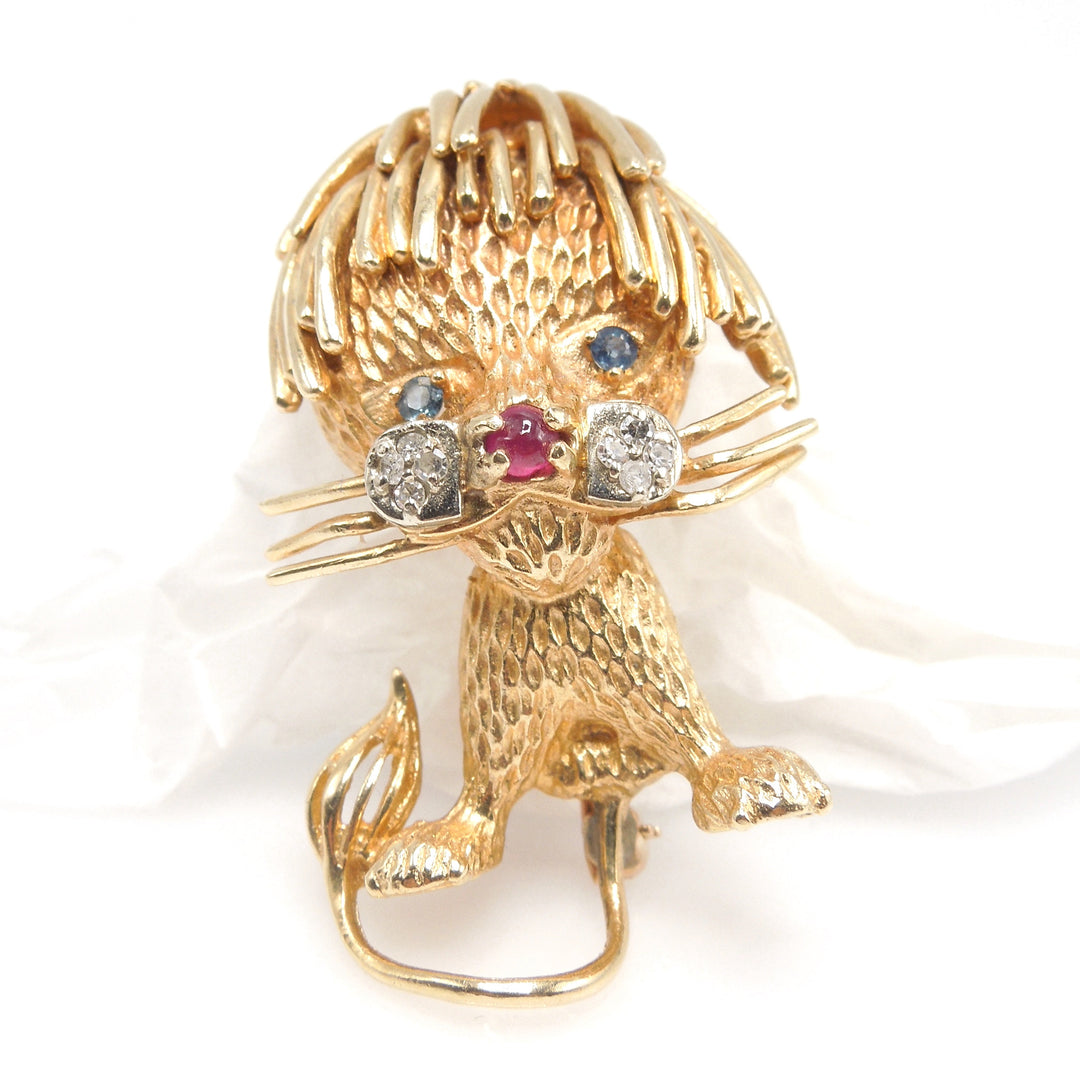 Yellow Gold Stylized Lion Brooch with Ruby Nose, Sapphire Eyes, and Diamond Muzzle