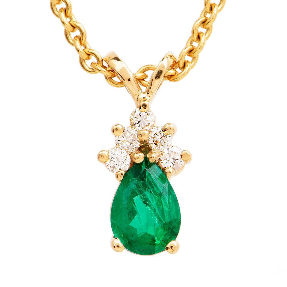 Dainty Estate Yellow Gold Diamond and Pear Shaped Emerald Pendant