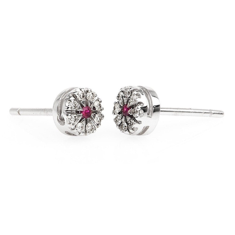 Diamond and Ruby 18K White Gold Small Round Stud Earrings